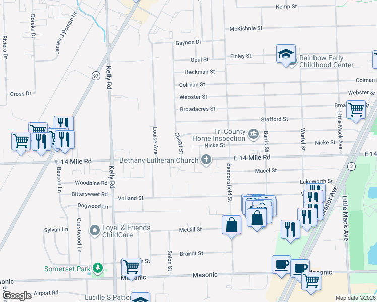 map of restaurants, bars, coffee shops, grocery stores, and more near 19406 Nicke Street in Clinton Township