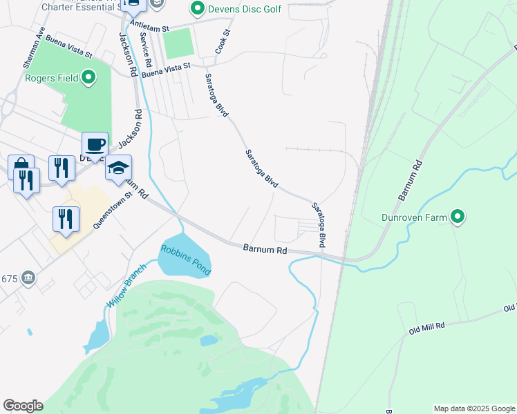 map of restaurants, bars, coffee shops, grocery stores, and more near 35 Saratoga Boulevard in Harvard