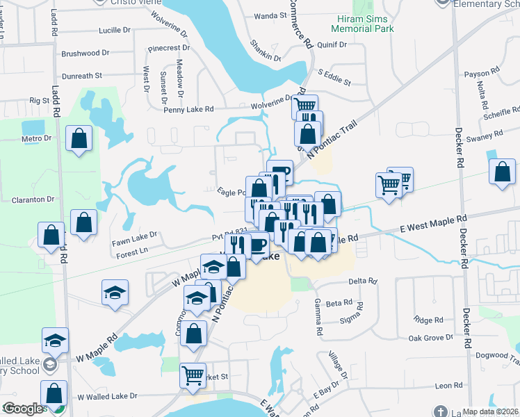 map of restaurants, bars, coffee shops, grocery stores, and more near 937 North Pontiac Trail in Walled Lake