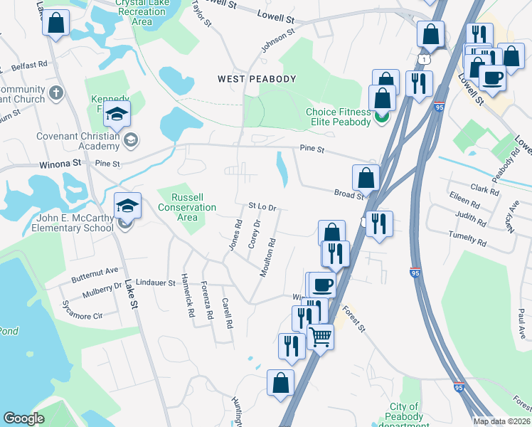 map of restaurants, bars, coffee shops, grocery stores, and more near 13 Corey Drive in Peabody