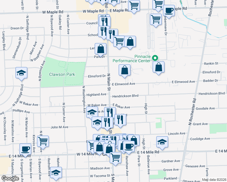 map of restaurants, bars, coffee shops, grocery stores, and more near 830 North Main Street in Clawson