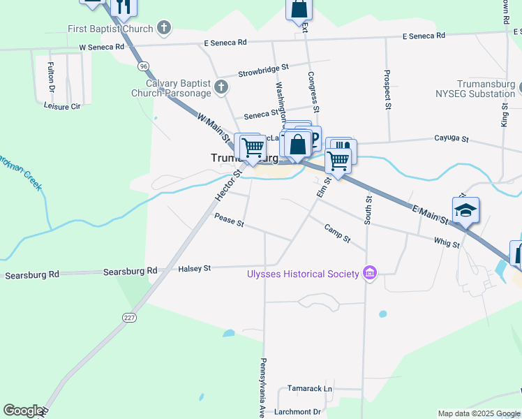 map of restaurants, bars, coffee shops, grocery stores, and more near 16 Pease Street in Trumansburg