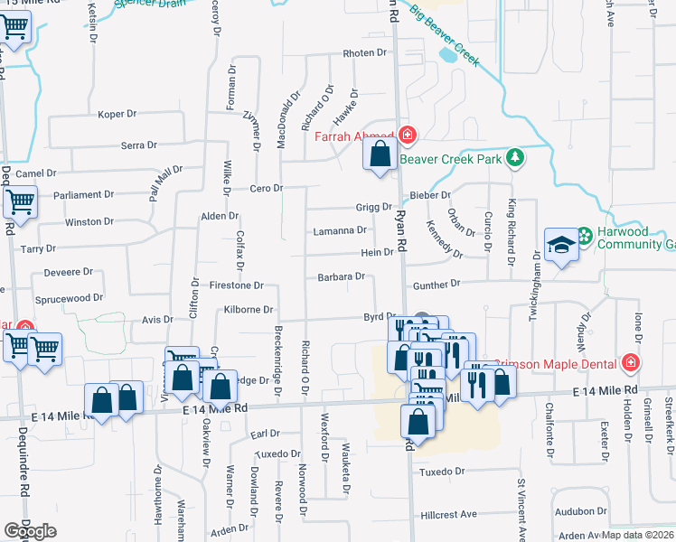 map of restaurants, bars, coffee shops, grocery stores, and more near 3715 Barbara Drive in Sterling Heights