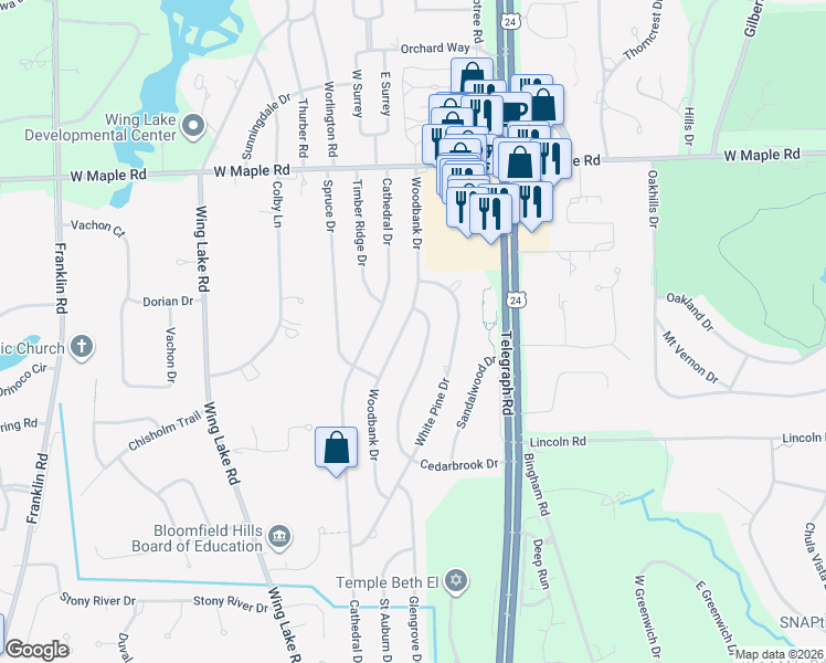 map of restaurants, bars, coffee shops, grocery stores, and more near 6797 Woodbank Drive in Bloomfield Hills