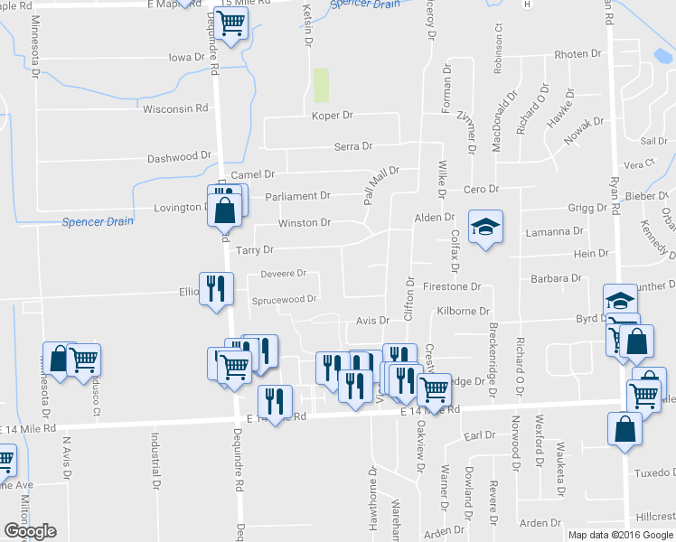 map of restaurants, bars, coffee shops, grocery stores, and more near 33755 Newport Dr in Sterling Heights