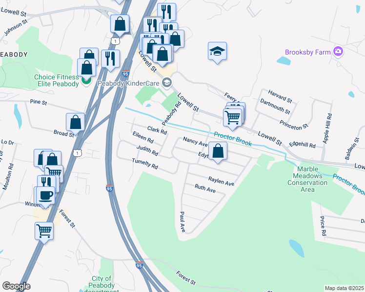 map of restaurants, bars, coffee shops, grocery stores, and more near 32 Nancy Avenue in Peabody