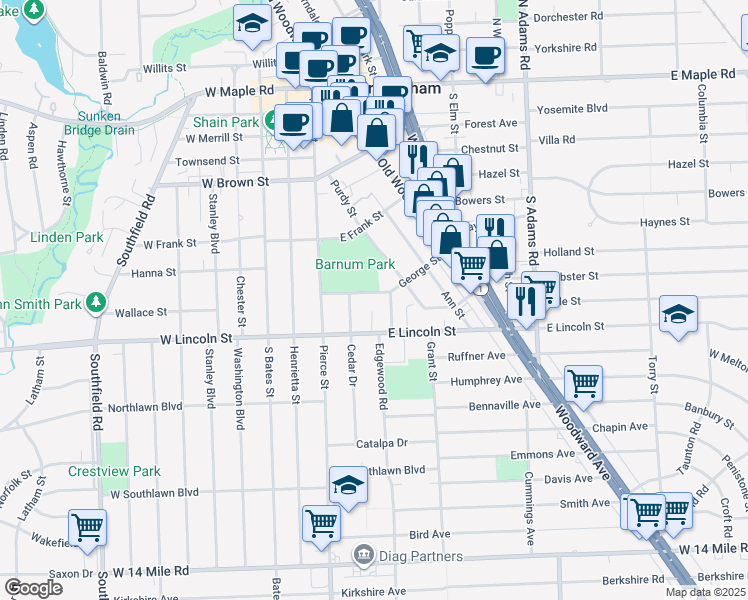 map of restaurants, bars, coffee shops, grocery stores, and more near 312 George Street in Birmingham