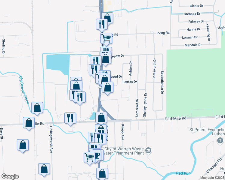 map of restaurants, bars, coffee shops, grocery stores, and more near 33476 Van Dyke Avenue in Sterling Heights