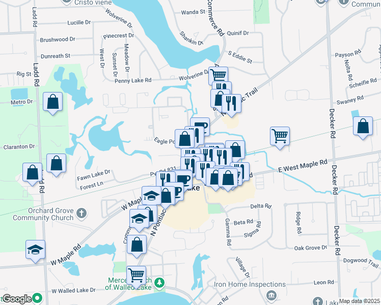 map of restaurants, bars, coffee shops, grocery stores, and more near in Walled Lake
