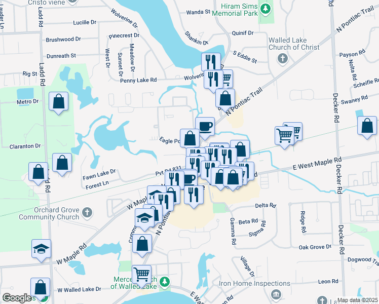 map of restaurants, bars, coffee shops, grocery stores, and more near 152 Spring Park in Walled Lake