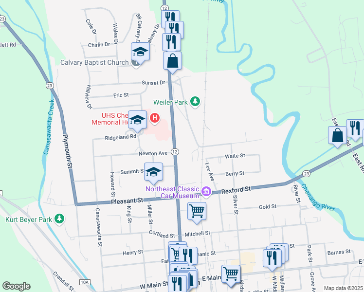 map of restaurants, bars, coffee shops, grocery stores, and more near 156 North Broad Street in Norwich