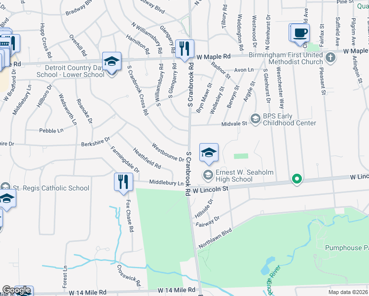 map of restaurants, bars, coffee shops, grocery stores, and more near 620 South Cranbrook Road in Bloomfield Hills