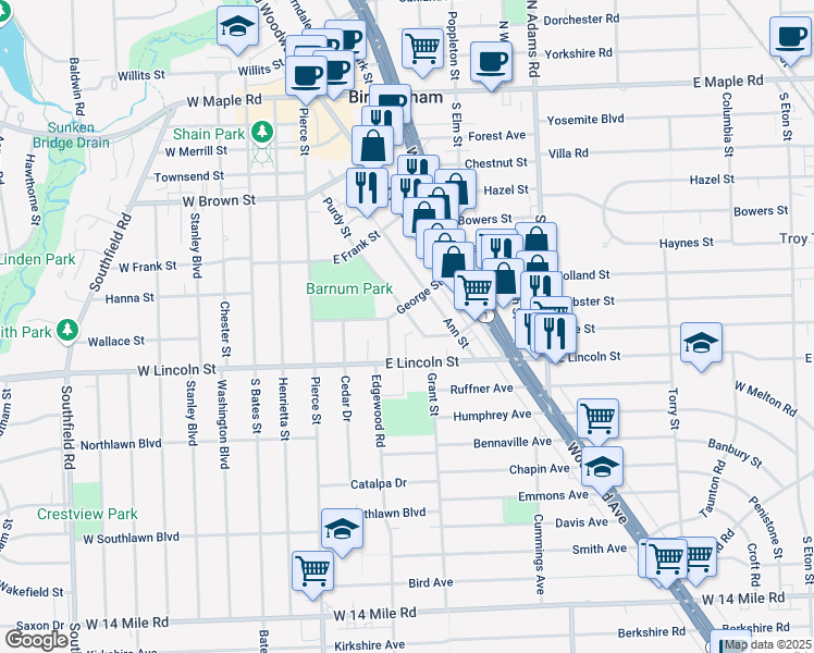 map of restaurants, bars, coffee shops, grocery stores, and more near 932 Purdy Street in Birmingham