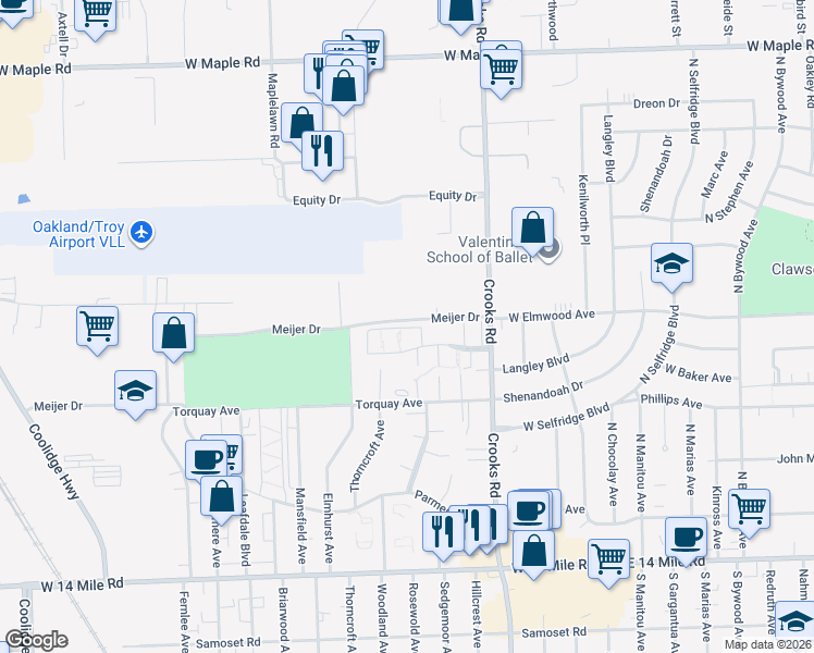 map of restaurants, bars, coffee shops, grocery stores, and more near 2014 Wickham Street in Royal Oak