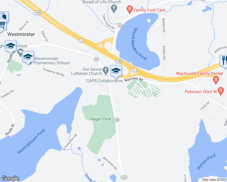 map of restaurants, bars, coffee shops, grocery stores, and more near 4 Hager Park Road in Westminster