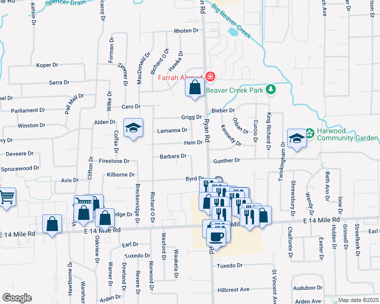 map of restaurants, bars, coffee shops, grocery stores, and more near 3793 Barbara Drive in Sterling Heights