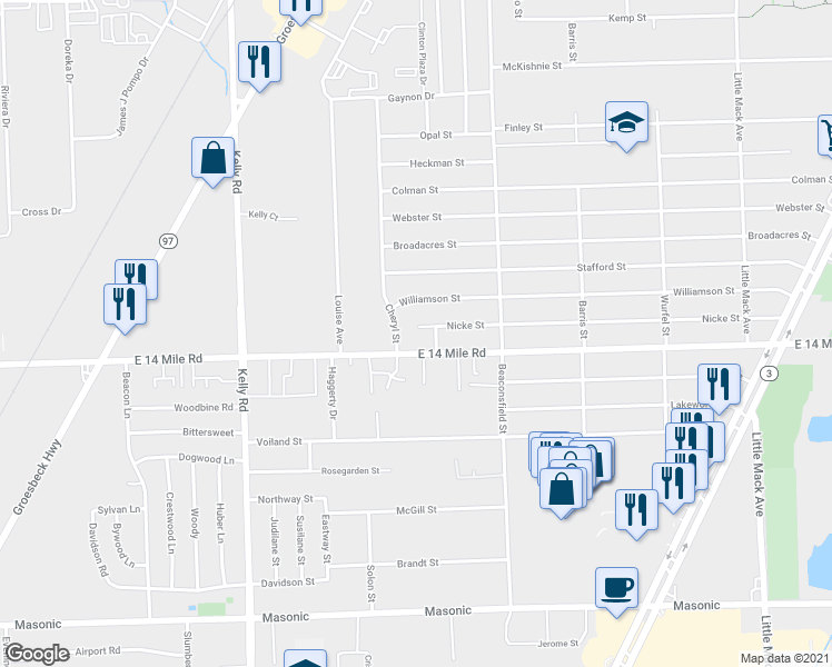 map of restaurants, bars, coffee shops, grocery stores, and more near 19406 Nicke Street in Clinton Township