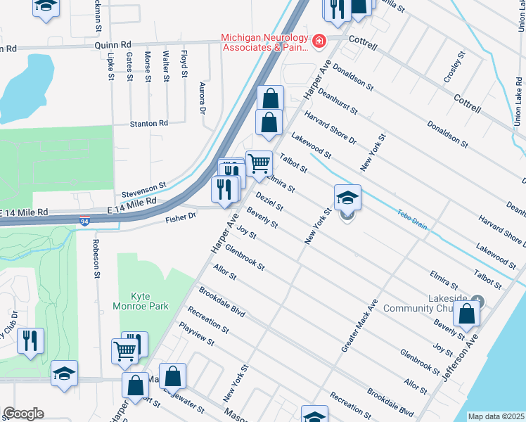 map of restaurants, bars, coffee shops, grocery stores, and more near 23017 Beverly Street in St. Clair Shores