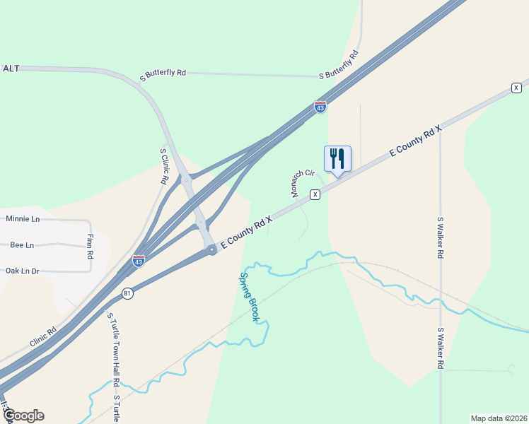 map of restaurants, bars, coffee shops, grocery stores, and more near 5037 East County Road X in Beloit