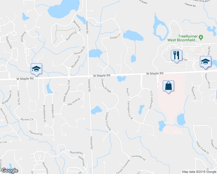 map of restaurants, bars, coffee shops, grocery stores, and more near 6545 Chelsea Bridge in West Bloomfield Township