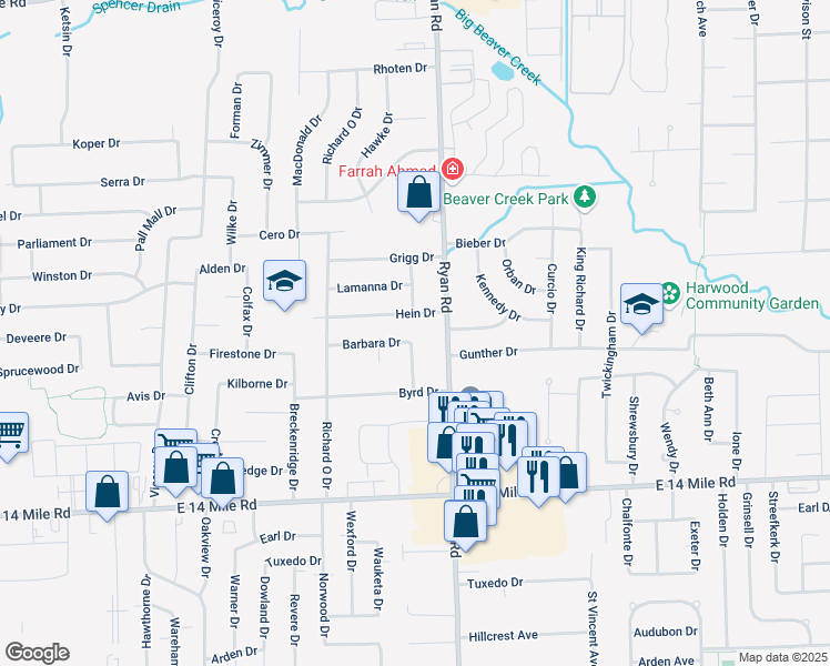 map of restaurants, bars, coffee shops, grocery stores, and more near 3793 Barbara Dr in Sterling Heights