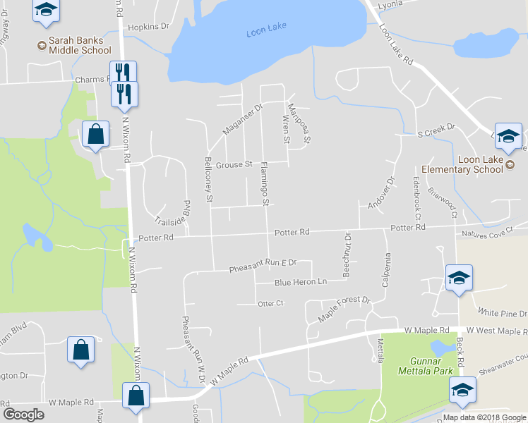 map of restaurants, bars, coffee shops, grocery stores, and more near 1253 Flamingo Street in Wixom