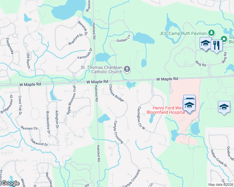 map of restaurants, bars, coffee shops, grocery stores, and more near 6545 Chelsea Bridge in West Bloomfield Township