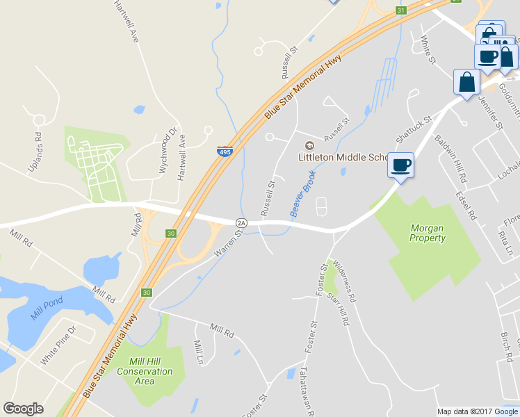 map of restaurants, bars, coffee shops, grocery stores, and more near 6 Russell Street in Littleton