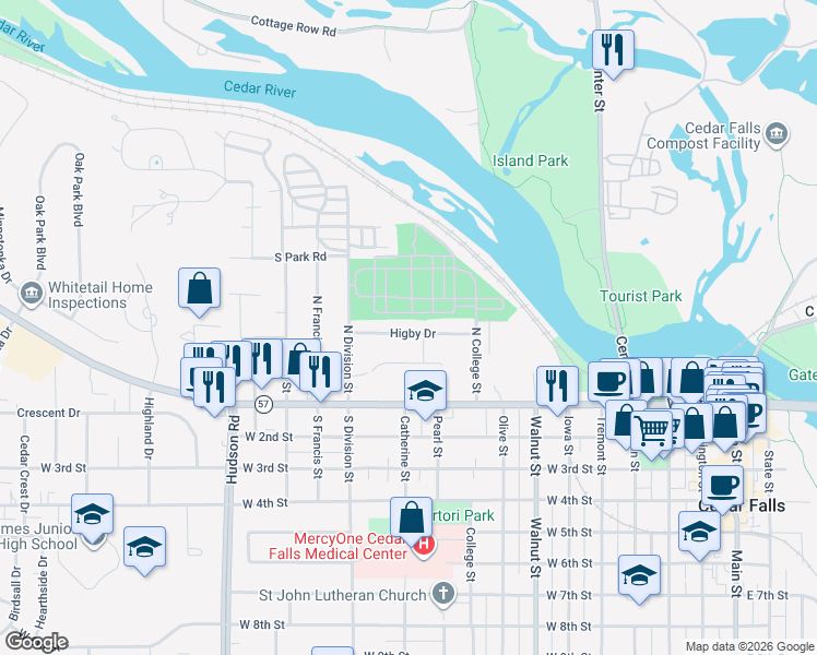 map of restaurants, bars, coffee shops, grocery stores, and more near 1019 Higby Drive in Cedar Falls