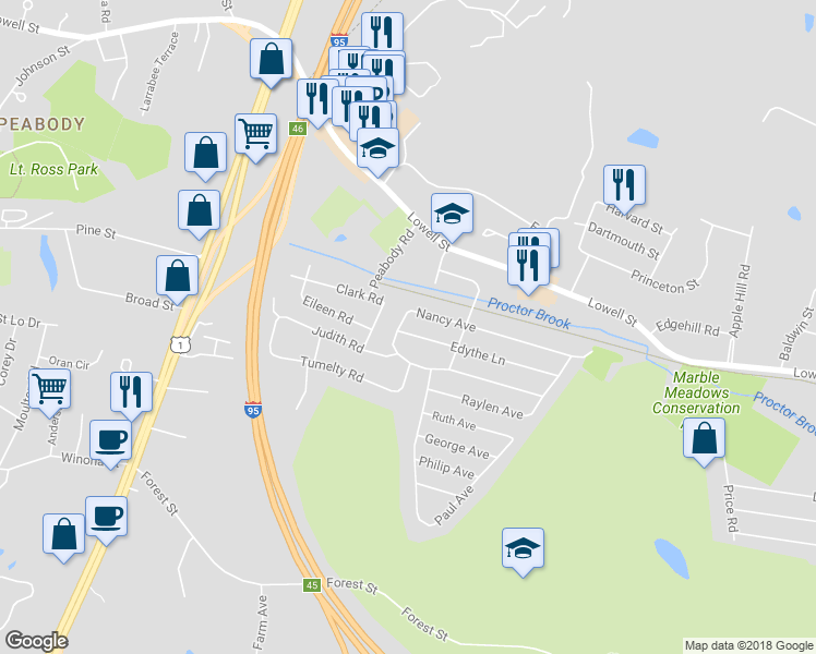 map of restaurants, bars, coffee shops, grocery stores, and more near 32 Nancy Avenue in Peabody