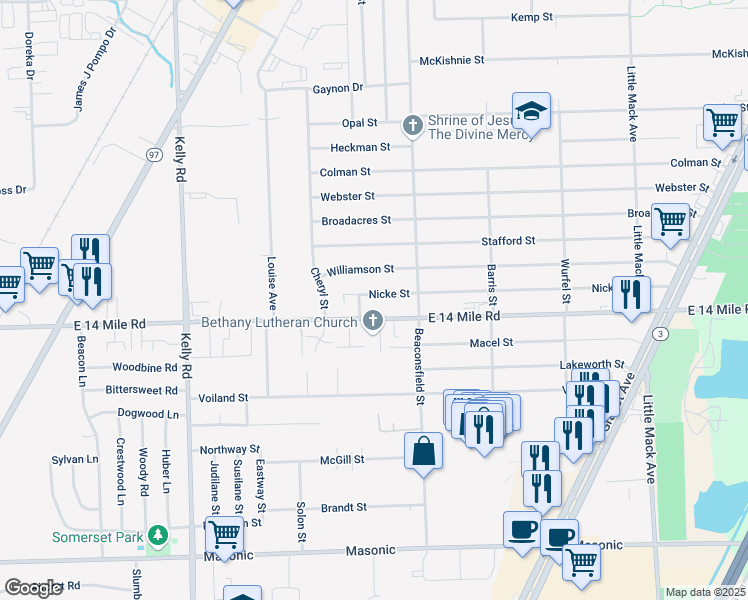 map of restaurants, bars, coffee shops, grocery stores, and more near 19526 Nicke Street in Clinton Township