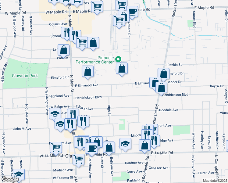map of restaurants, bars, coffee shops, grocery stores, and more near 832 High Street in Clawson