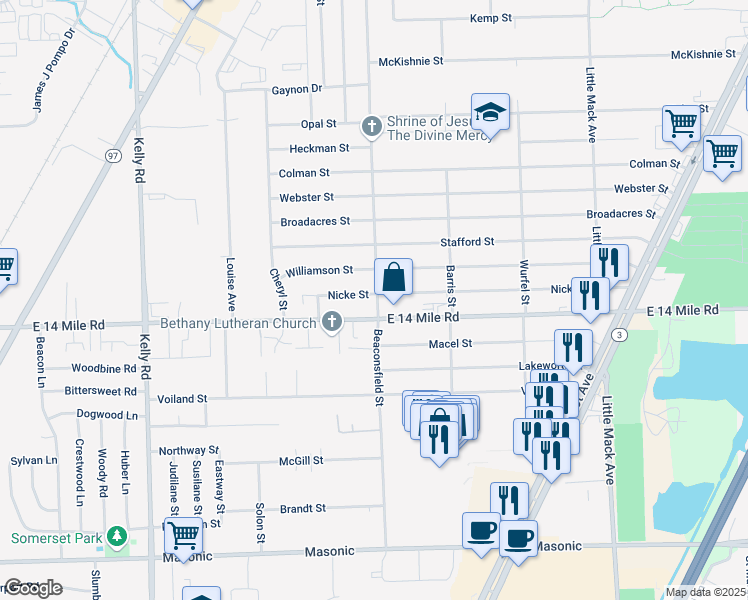 map of restaurants, bars, coffee shops, grocery stores, and more near 19630 Nicke Street in Clinton Township