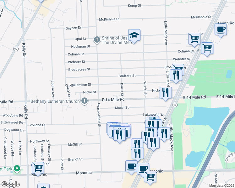 map of restaurants, bars, coffee shops, grocery stores, and more near 19864 Nicke Street in Clinton Township