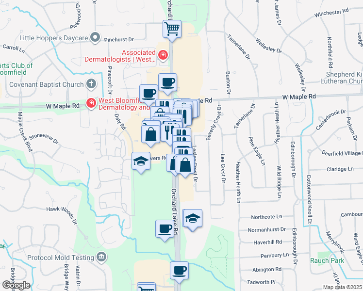 map of restaurants, bars, coffee shops, grocery stores, and more near 6725 Orchard Lake Road in West Bloomfield Township