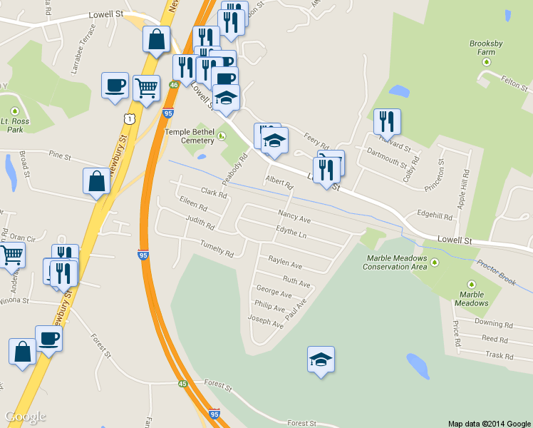 map of restaurants, bars, coffee shops, grocery stores, and more near 24 Nancy Ave in Peabody