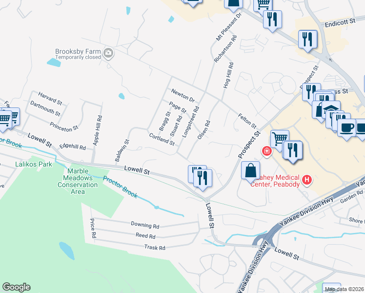 map of restaurants, bars, coffee shops, grocery stores, and more near 18 Longstreet Road in Peabody