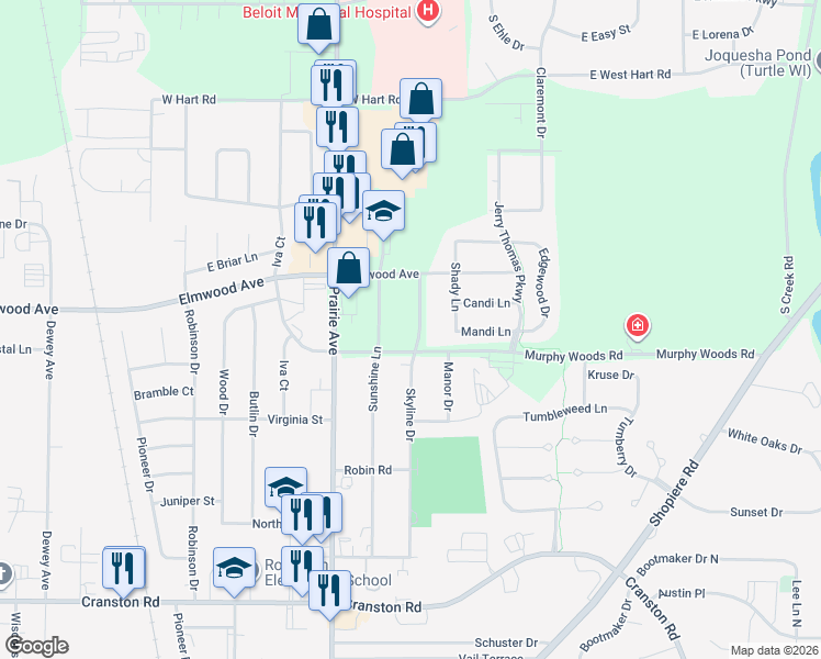 map of restaurants, bars, coffee shops, grocery stores, and more near 2518 Skyline Drive in Beloit
