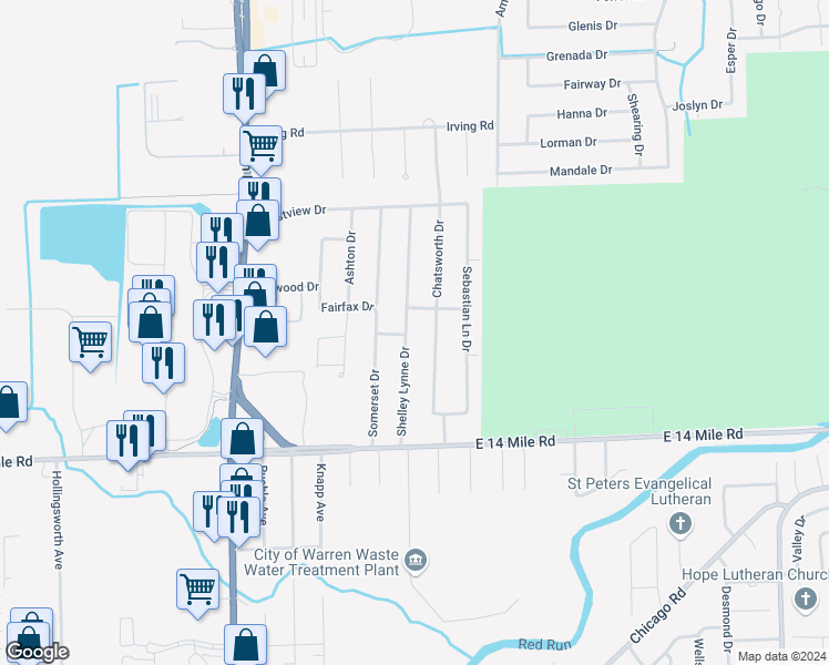 map of restaurants, bars, coffee shops, grocery stores, and more near 33504 Shelley Lynne Drive in Sterling Heights