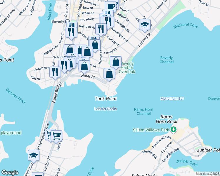 map of restaurants, bars, coffee shops, grocery stores, and more near 117 Water Street in Beverly