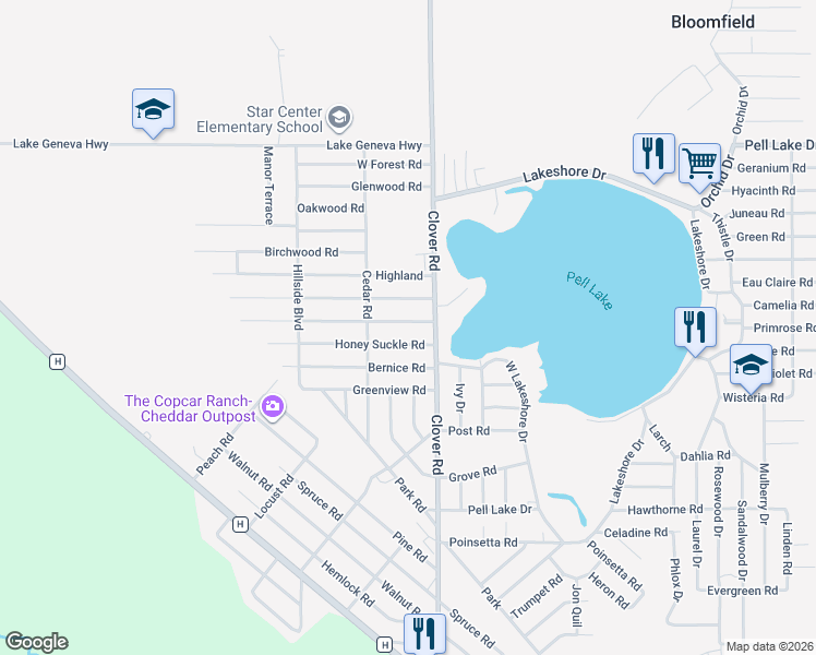 map of restaurants, bars, coffee shops, grocery stores, and more near W1319 Fairview Road in Genoa City