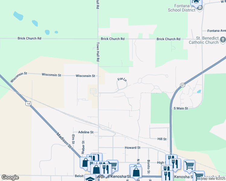 map of restaurants, bars, coffee shops, grocery stores, and more near 132 Fox Lane in Walworth