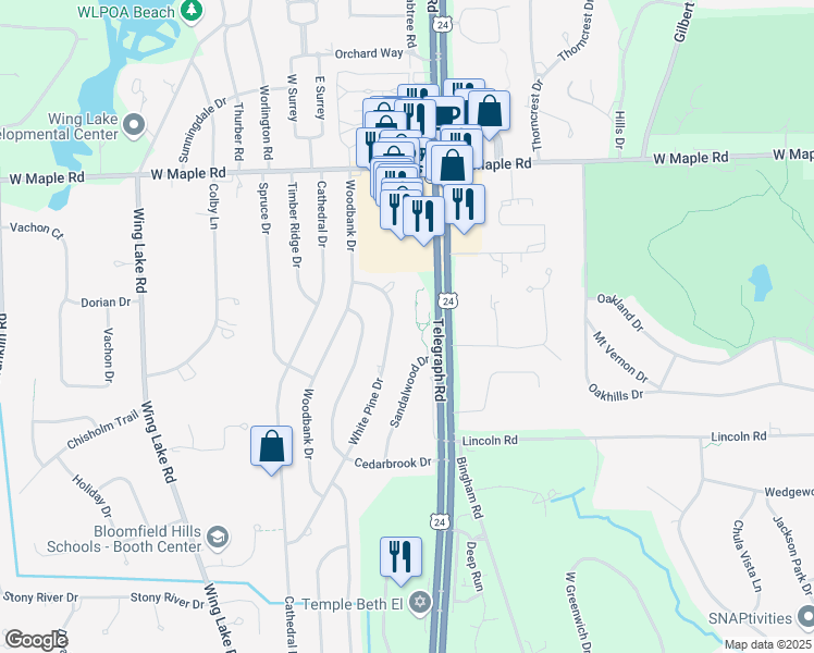 map of restaurants, bars, coffee shops, grocery stores, and more near 6777 White Pine Drive in Bloomfield Hills