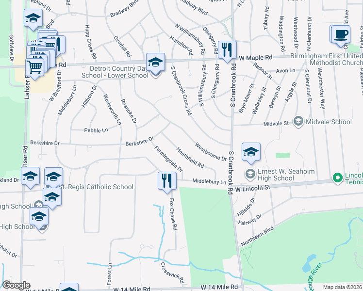 map of restaurants, bars, coffee shops, grocery stores, and more near 2784 Heathfield Road in Bloomfield Township