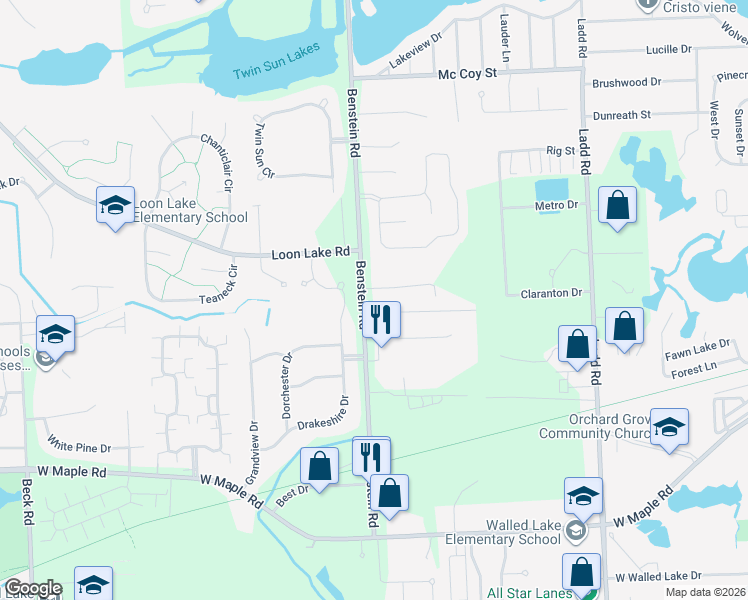 map of restaurants, bars, coffee shops, grocery stores, and more near 1076 Benstein Road in Commerce Charter Township