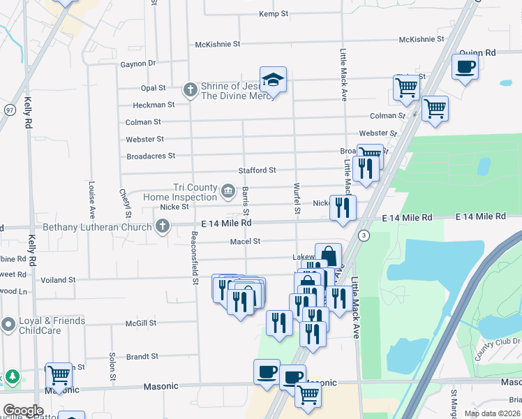map of restaurants, bars, coffee shops, grocery stores, and more near 20122 Nicke Street in Macomb County