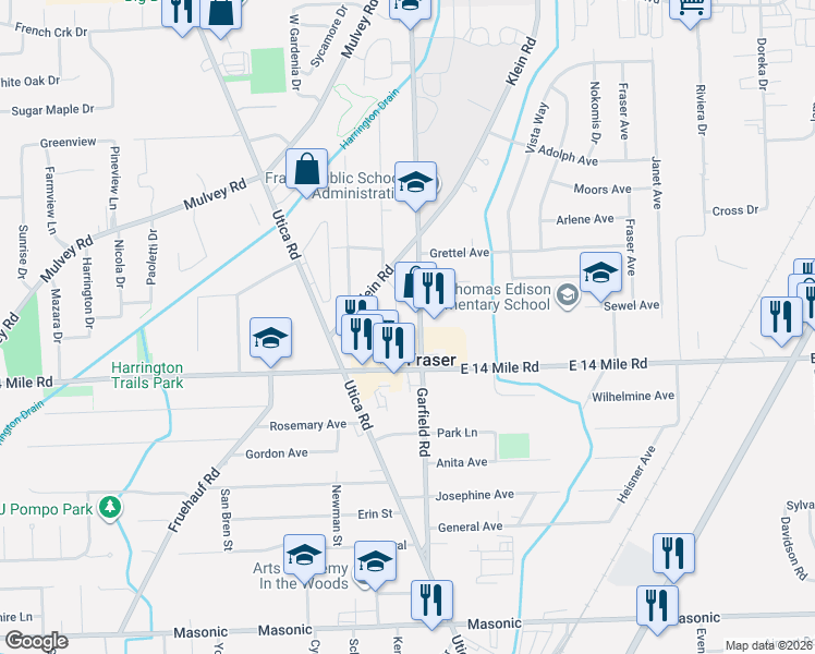 map of restaurants, bars, coffee shops, grocery stores, and more near 33061 Garfield Road in Fraser