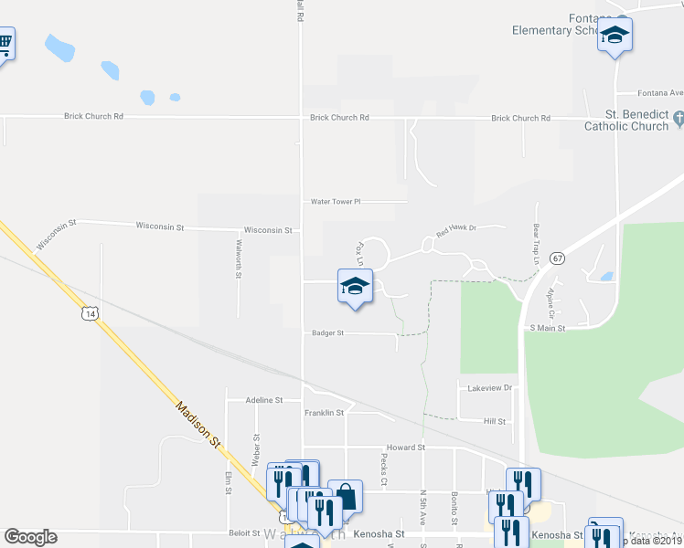map of restaurants, bars, coffee shops, grocery stores, and more near 362 Fox Lane in Walworth
