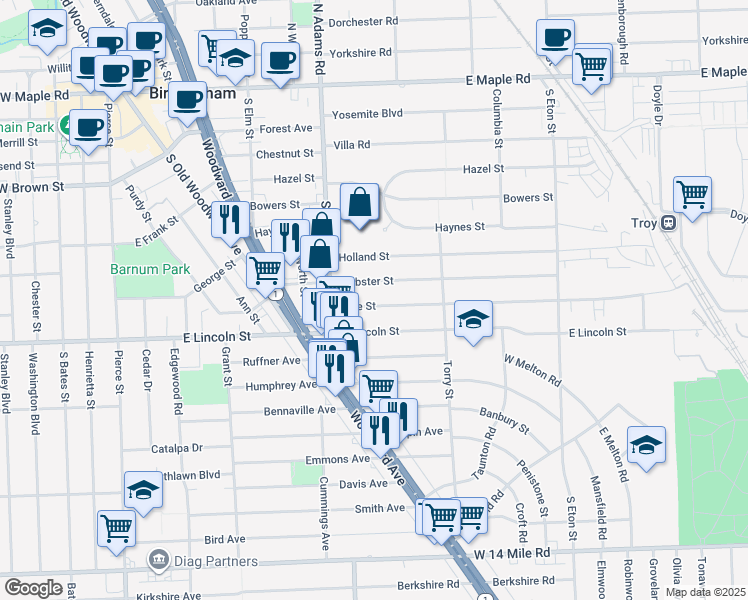 map of restaurants, bars, coffee shops, grocery stores, and more near 1287 Cole Street in Birmingham