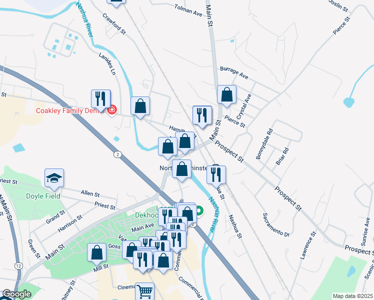 map of restaurants, bars, coffee shops, grocery stores, and more near 502 Main Street in Leominster